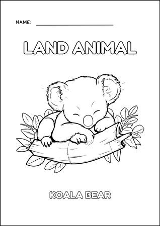 Coloring book for children, koala sleeping on a branch with leavesの素材