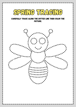 Worksheet for practicing fine motor skills - tracing dashed lines of a beeの素材