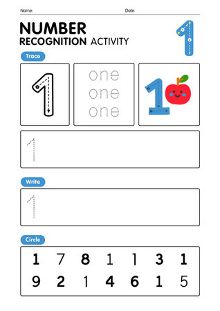 Number one. Education worksheet for preschool children. Counting number one. Vector illustration.の素材