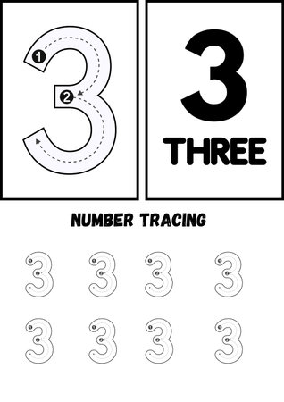 Numbers worksheet for learning numbers. Number three. Black and white vector illustration.の素材