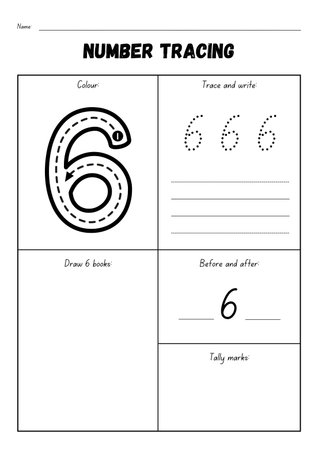 Number 6 tracing practice worksheet for kids. Handwriting practice.の素材