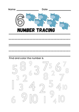 Numbers tracing worksheet for kids. Learning numbers. Vector illustration.の素材