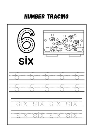 Number six tracing practice worksheet. Writing practice for preschool children.の素材