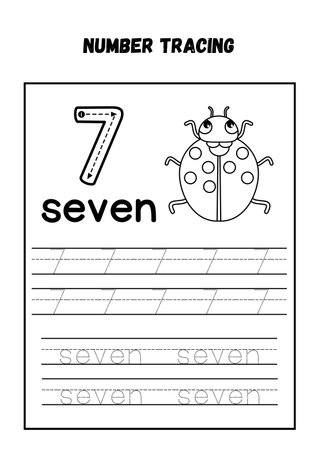 Number seven tracing practice worksheet for kids with cute cartoon ladybug.の素材