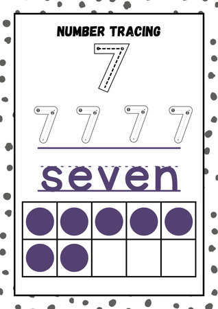 Number seven tracing practice worksheet for kids learning English vocabulary and handwriting.の素材