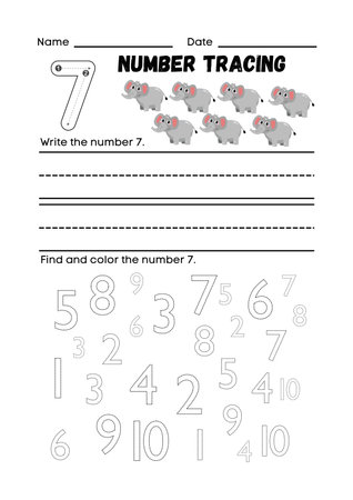 Numerals tracing worksheet for kids. Count how many sheep.の素材