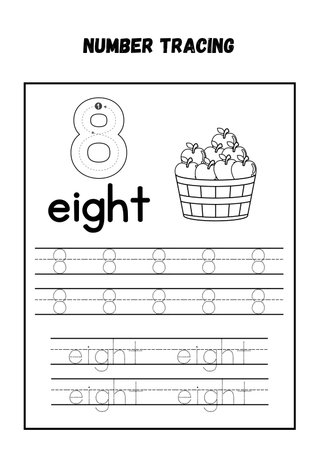 Number eight. Alphabet tracing practice worksheet. Writing practice for children. Learning numbers for kids.の素材