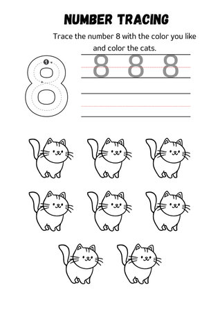 Learning numbers. Writing practice. Number eight. Black and white vector illustrationの素材