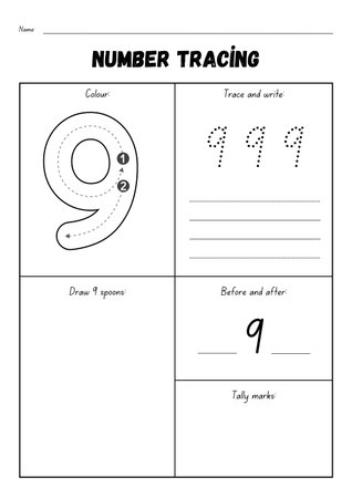 Number 9 tracing practice worksheet with numbers and punctuation marks.の素材