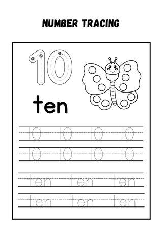 Number one tracing practice worksheet. Writing practice for kids. Black and white vector illustration.の素材