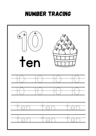 Number one tracing practice worksheet. Writing practice for children. Black and white vector illustration.の素材