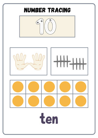 Number 10 tracing practice worksheet for preschool kids. Vector illustration.の素材