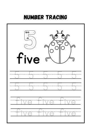 Letter F tracing alphabet tracing practice worksheet with cute cartoon ladybug. Vector illustration.の素材