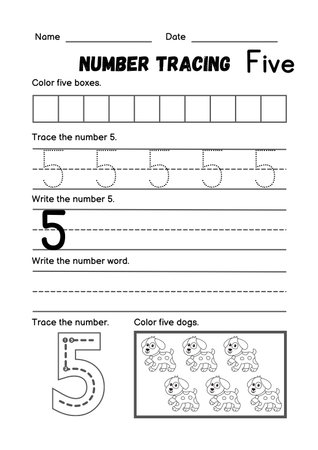 Numerical tracing worksheet for children. Black and white version.の素材