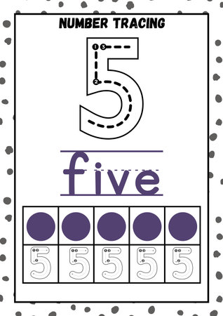 Number five tracing worksheet for kids learning English vocabulary and handwriting.の素材
