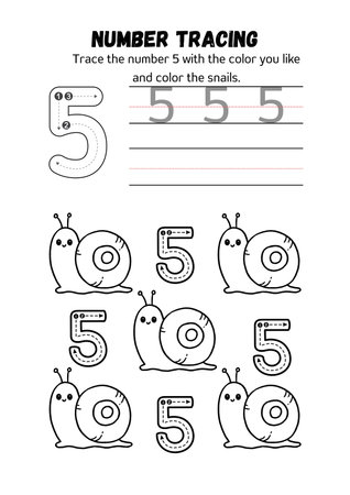 Number tracing practice worksheet with cute cartoon snail. Vector illustration.の素材