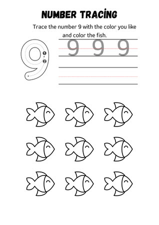 Letter Q tracing alphabet with fish. Worksheet for preschool kids.の素材