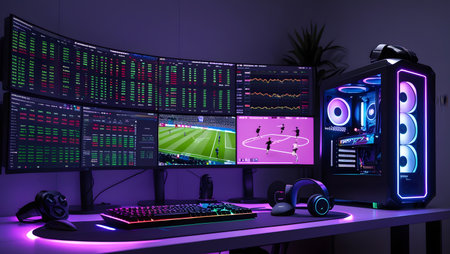 3D rendering of a professional gamer workspace with computer monitors and headphonesの素材