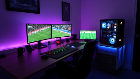 3D rendering of a modern professional gamer workspace with a lot of gaming equipmentの素材