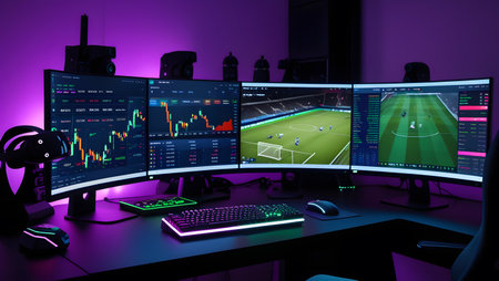 3d rendering of a gamer workspace with computer monitors and monitors.の素材
