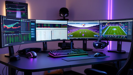 3D rendering of a professional gamer workspace with a lot of monitors, keyboard, mouse and headphones.の素材