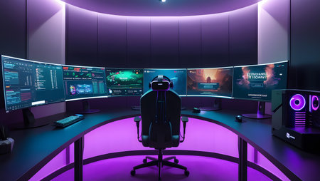 3D rendering of a modern control room with a lot of monitorsの素材