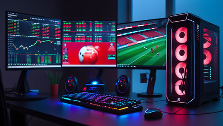 3D rendering of a professional gamer workspace with a computer, keyboard and mouse.の素材