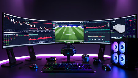 3d rendering of a soccer stadium with a set of computer monitorsの素材