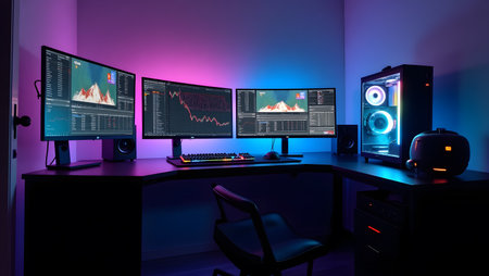 3d Illustration of a computer room with many monitors and speakersの素材