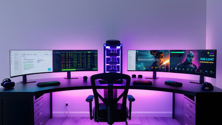 3D render of a gaming room with a lot of computer monitors and equipmentsの素材