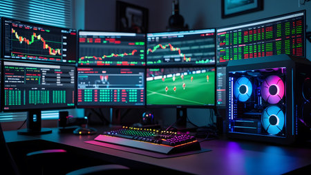 Computer monitors with stock market data on the table. 3d renderingの素材