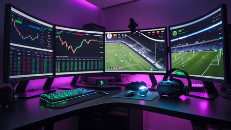 3D rendering of a modern gaming studio with a lot of monitors and screensの素材