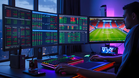 Cyber sport concept. Young man playing online video game on computer at nightの素材