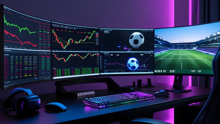 3d rendering of a computer monitor with a view of a soccer stadiumの素材