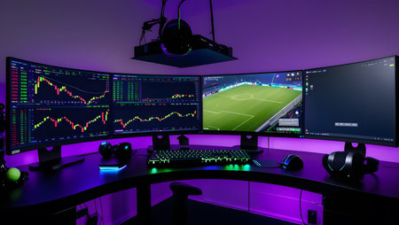3d rendering of a modern gamer room with a lot of monitors and a soccer fieldの素材