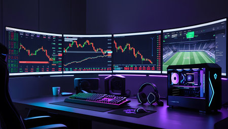 3D rendering of a live streaming studio with stock market charts.の素材
