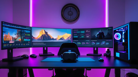 Computer room with a lot of monitors, game consoles and other accessoriesの素材