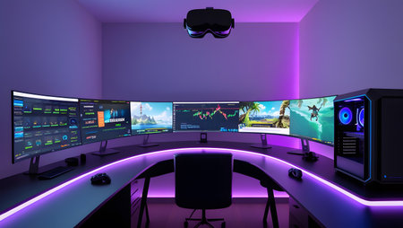 3D rendering of a modern video game room with a lot of screensの素材