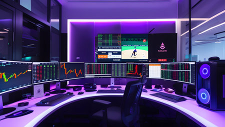 3D rendering of a stock exchange trading room with computer monitors and screensの素材