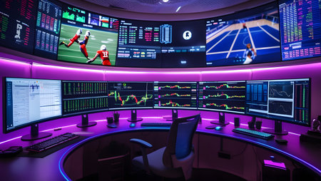 Stock exchange trading room with monitors and monitors. 3d rendering.の素材