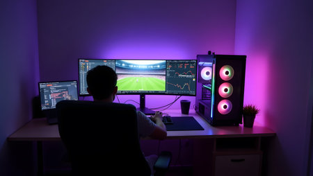 Rear view of a man playing video games at home in the darkの素材