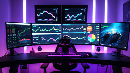 Hacker in front of computer monitors with stock market data on displayの素材