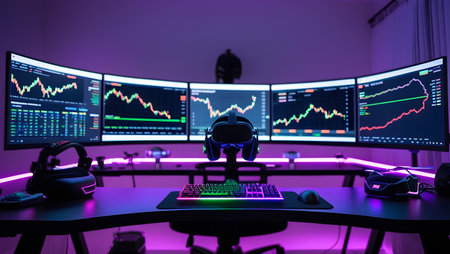Computer monitors with stock market data on the table. 3d renderingの素材