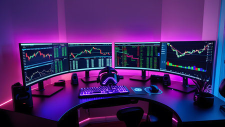 3d rendering of a stock exchange trading room with computer monitors.の素材