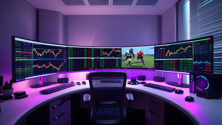 3d rendering of a computer room with a lot of stock market chartsの素材