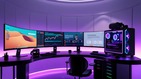 3D rendering of a live streaming studio with computer monitors and screensの素材
