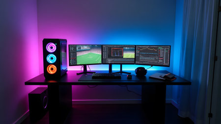 3D render of a gaming room with a large monitor, speakers, a laptop and a microphoneの素材