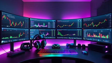 Computer monitors with stock market data, 3d rendering. Computer digital drawing.の素材