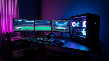 3d render of a professional gamer workspace with computer monitors and headphonesの素材