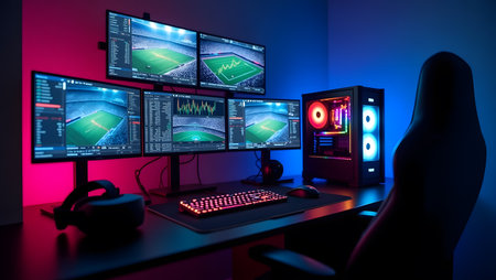 3d rendering of a gamer workspace with computer monitors and gaming accessoriesの素材